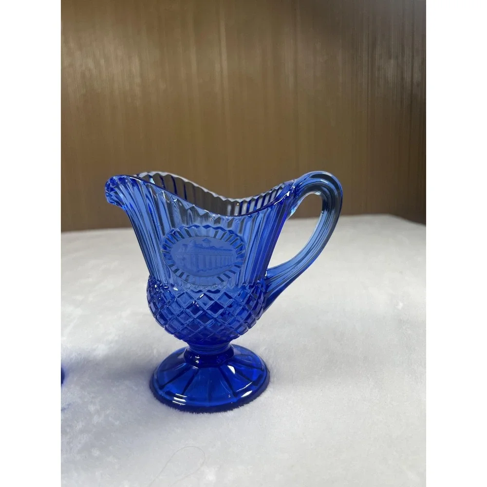 Cobalt Blue Pressed Glass Creamer & Sugar Set‎ Diamond Medallion Pattern